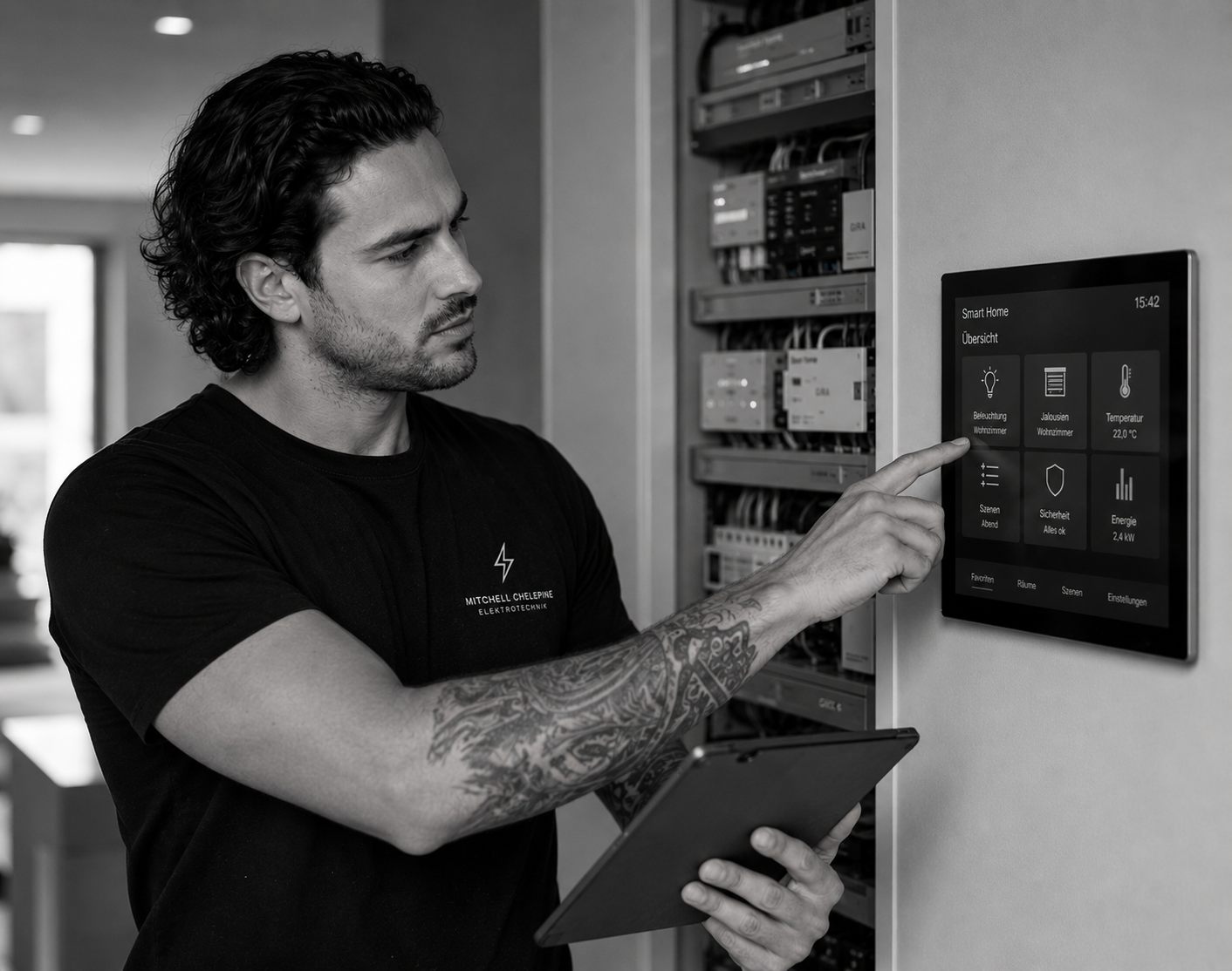 Mitchell Chelepin bei der Bedienung eines Smart-Home-Systems